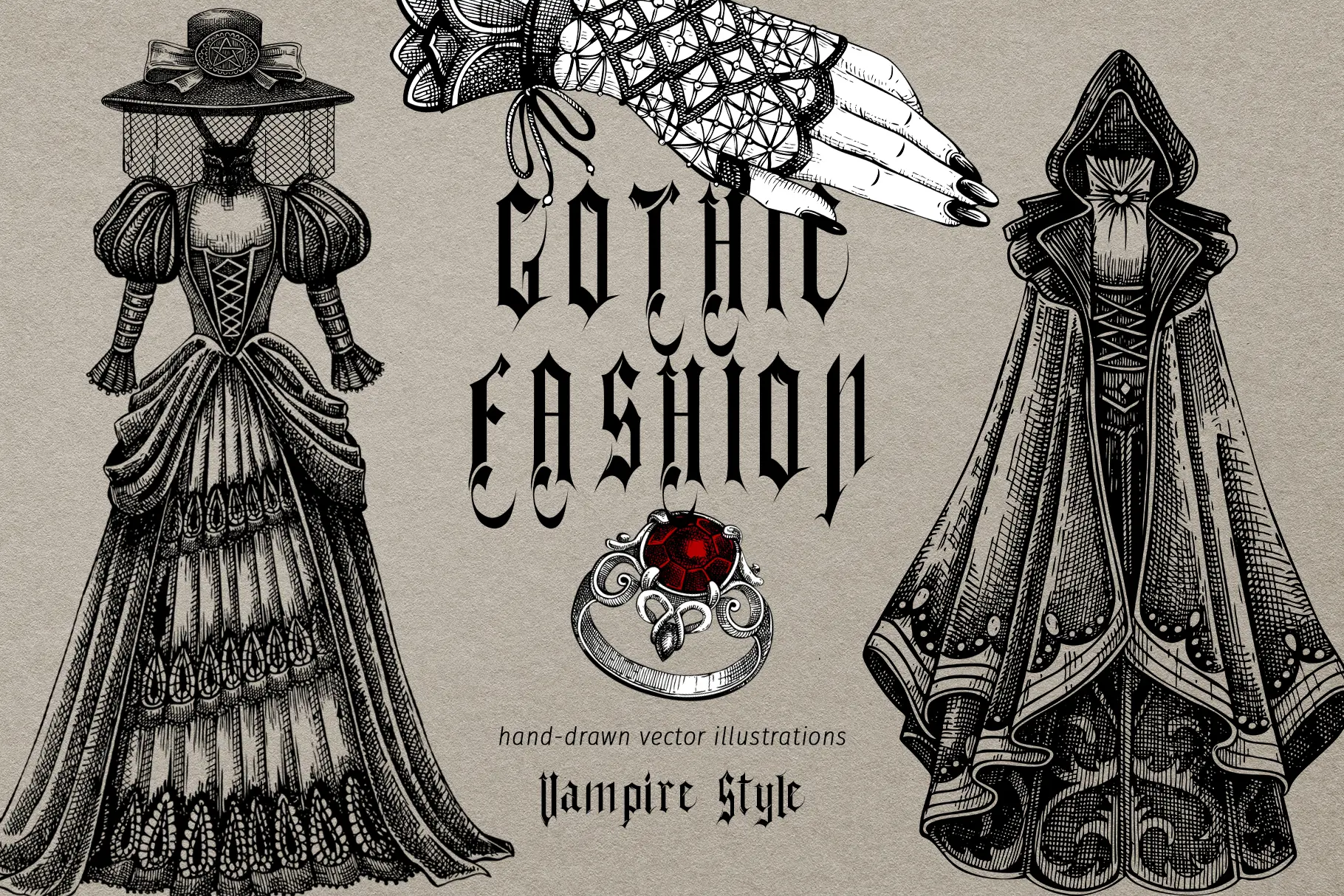 Gothic Fashion. Vampire Style Vector. Hand-Drawn Illustrations Illustration